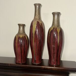 Decorative Vase Burgundy Gold Green Tan Black Streaky Painted set of 3 matching